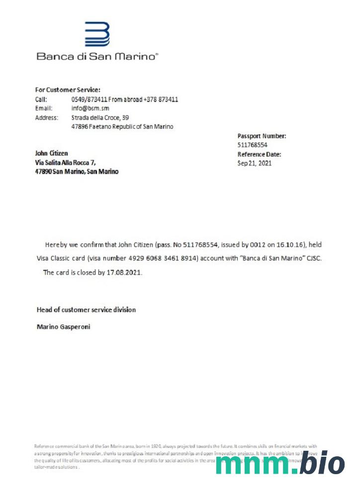 San Marino Banca di San Marino przykład odniesienia zamknięcia w formatach Word i PDF